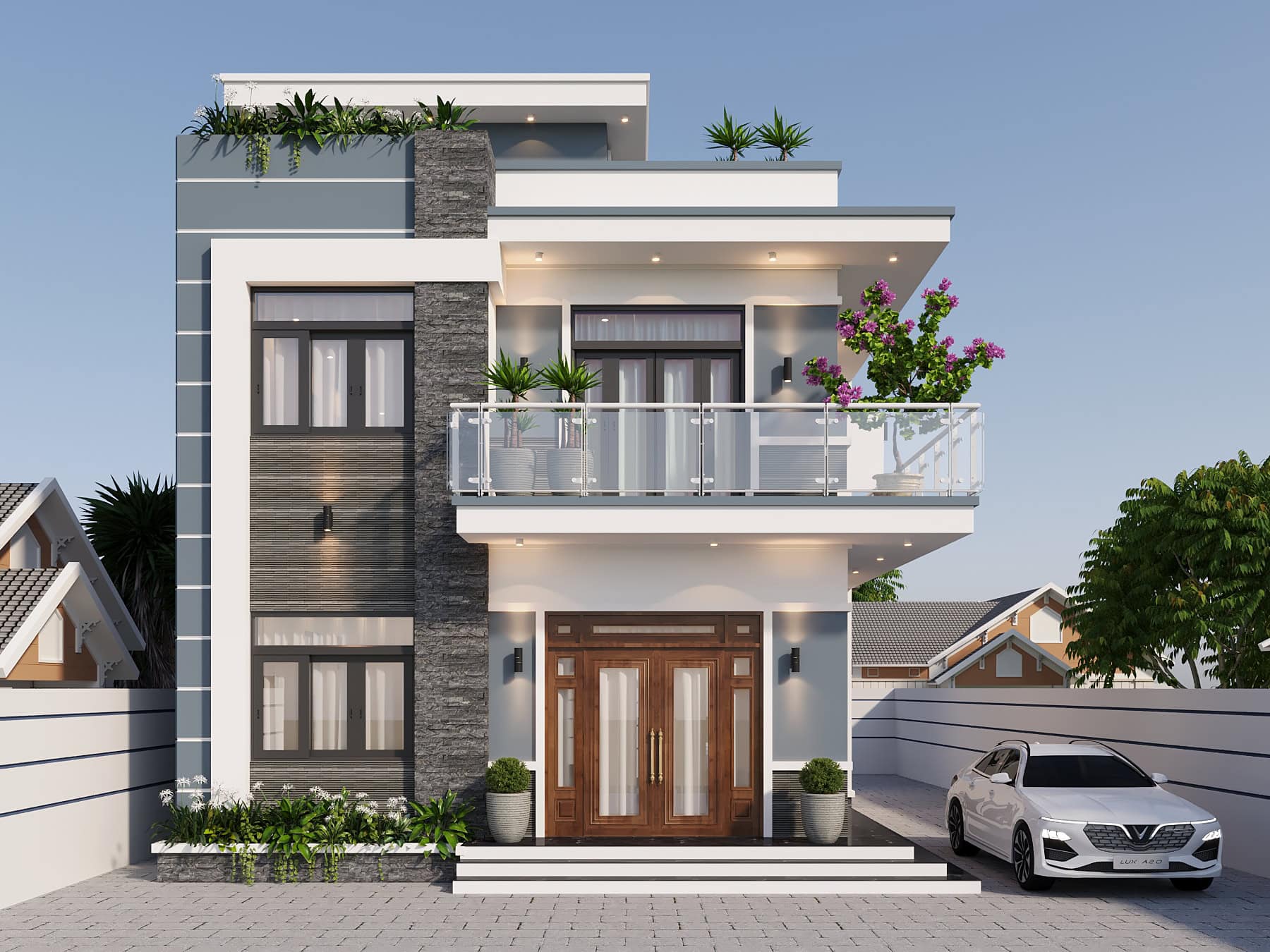 Nhà phố hiện đại mái bằng sân vườn trên mái thi công tại Bình Dương – GeoHome